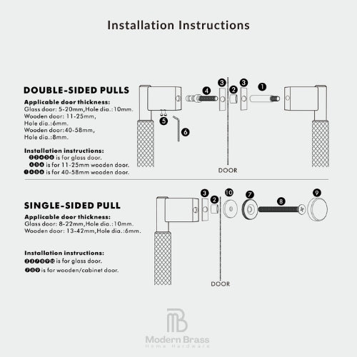 Installation instructions diagram for Modern Brass hardware, showing step-by-step diagrams for double-sided pulls and single-sided pull glass and wooden door installations on a light gray background.