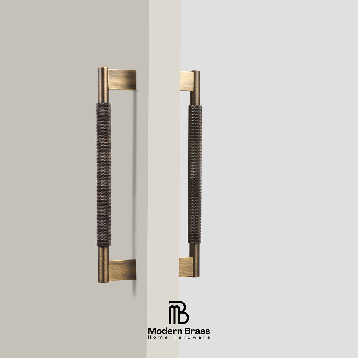 Close-up of brushed gold knurled solid brass door handle showing threaded screw mounting post base