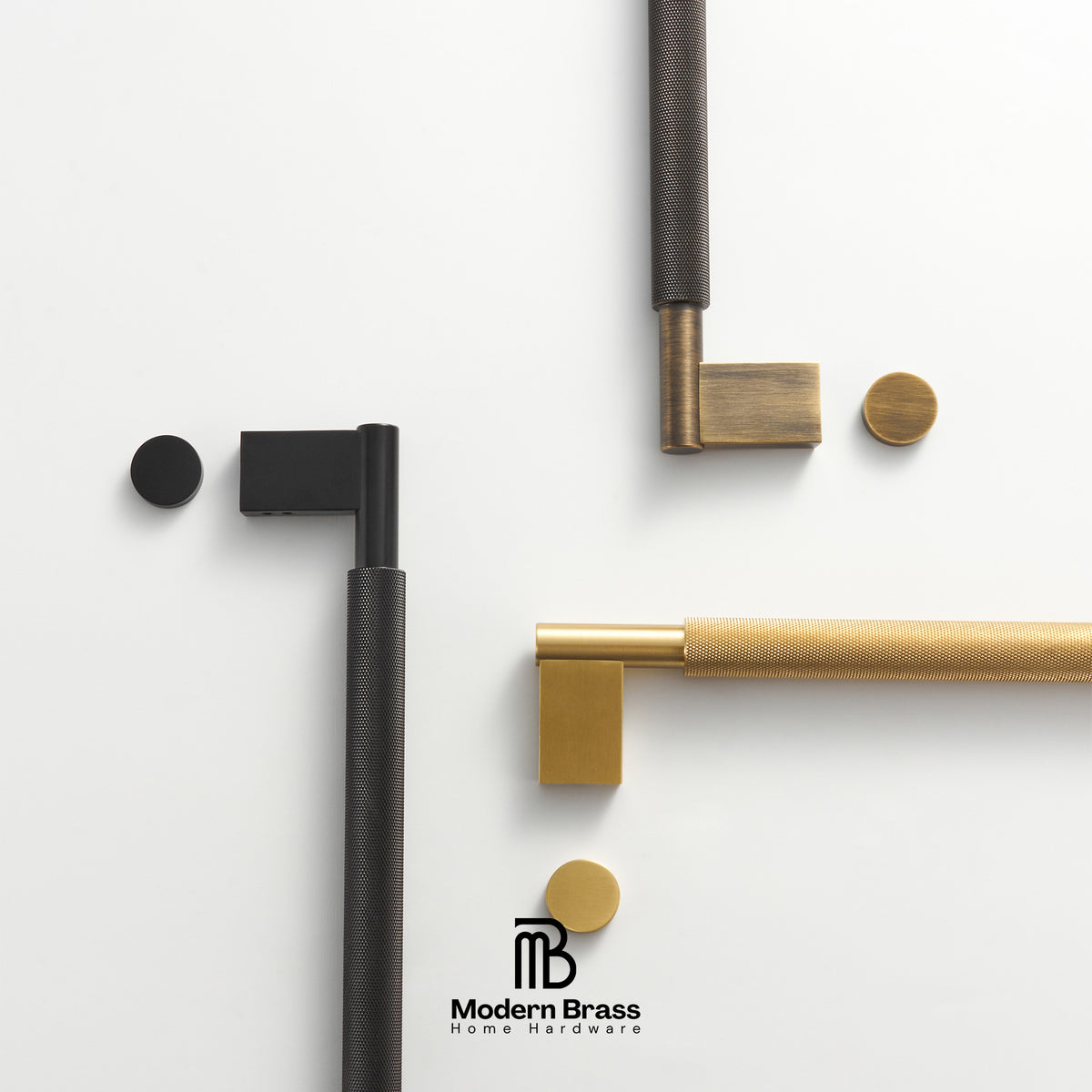 Modern brass and black door handles on a white background with 'Modern Brass' logo.