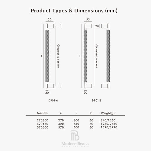 A technical dimension chart for home hardware showing two product type diagrams labeled DP01-A and DP01-B with measurements in millimeters, plus a table below listing models, center-to-center length (C), length (L), height (H), and weight in grams. The Modern Brass Home Hardware logo appears at the bottom.