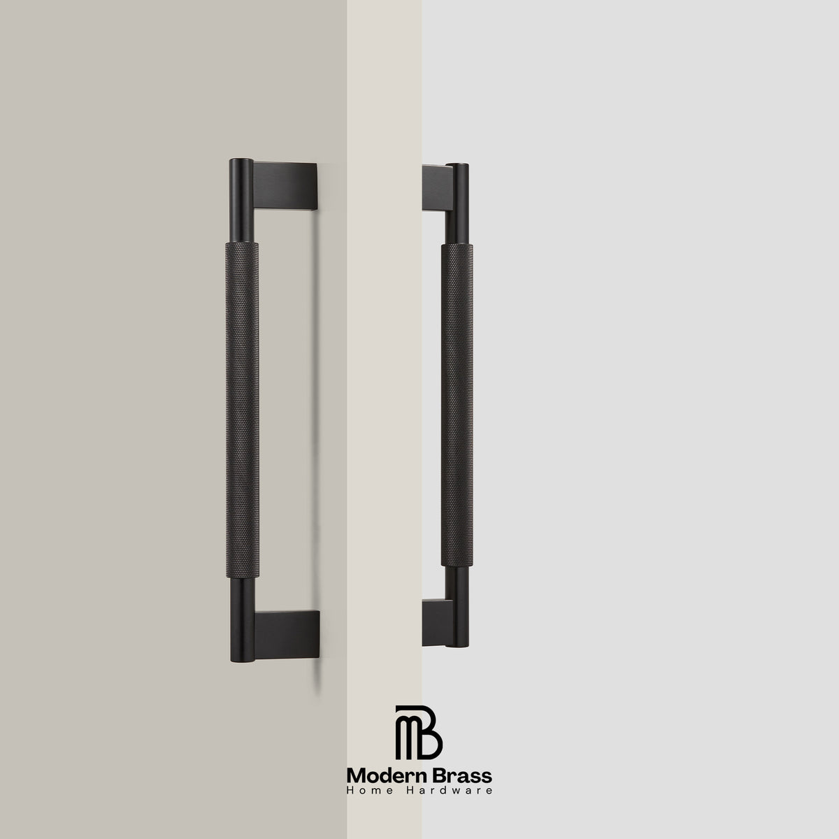 Two matte black cylindrical cabinet handles with rectangular mounting brackets, shown on a split beige and light gray background with the Modern Brass logo at the bottom.