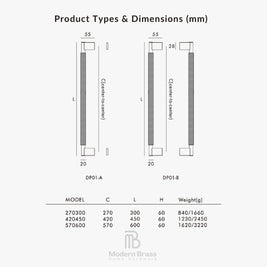 A technical dimension chart for home hardware showing two product type diagrams labeled DP01-A and DP01-B with measurements in millimeters, plus a table below listing models, center-to-center length (C), length (L), height (H), and weight in grams. The Modern Brass Home Hardware logo appears at the bottom.