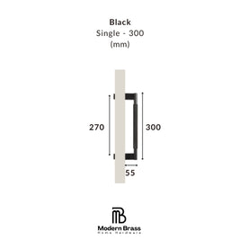 A black single-handle door hardware profile shown with dimension annotations on a white background, labeled 'Black Single - 300 (mm)' and branded 'Modern Brass Home Hardware'.