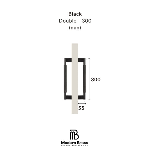 Measurement chart for a black double door handle with dimensions on a white background, featuring the Modern Brass logo.