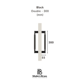Measurement chart for a black double door handle with dimensions on a white background, featuring the Modern Brass logo.
