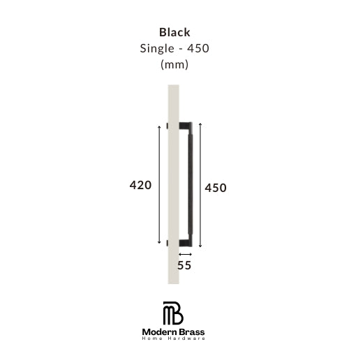 A dimension diagram of a black single-handle lever bar, labeled 'Black Single - 450 (mm)', with measurements 420, 450, and 55, on a white background. The Modern Brass Home Hardware logo is shown at the bottom.
