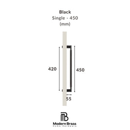 A dimension diagram of a black single-handle lever bar, labeled 'Black Single - 450 (mm)', with measurements 420, 450, and 55, on a white background. The Modern Brass Home Hardware logo is shown at the bottom.