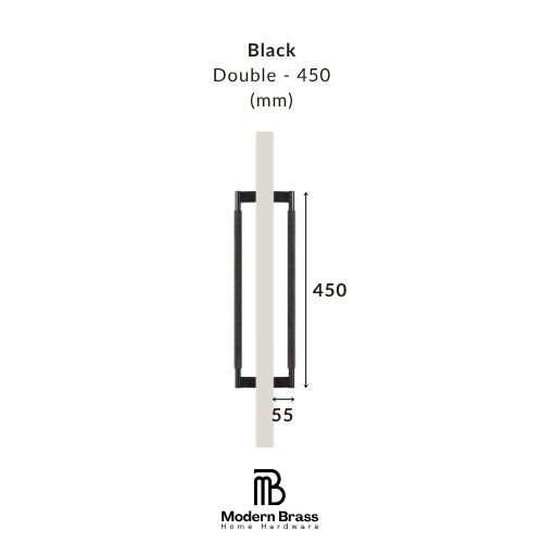 Measurement chart for black double door handle with dimensions on a white background, featuring the Modern Brass logo.