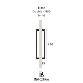 Measurement chart for black double door handle with dimensions on a white background, featuring the Modern Brass logo.