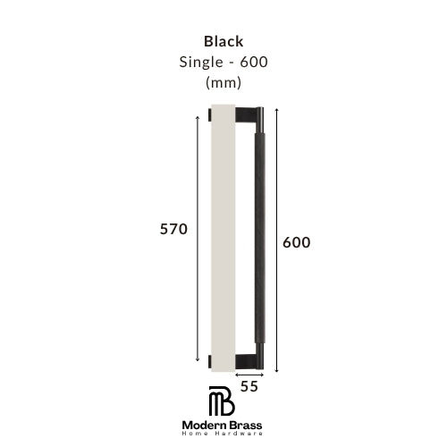Measurement chart for a black door handle with dimensions on a white background, featuring the Modern Brass logo.