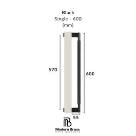 Measurement chart for a black door handle with dimensions on a white background, featuring the Modern Brass logo.