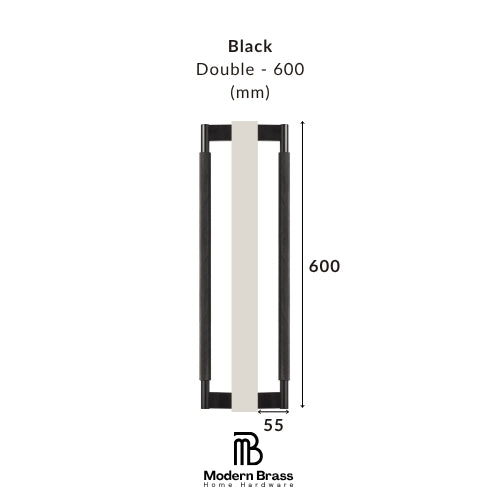 Black double handle with dimensions on a white background, featuring the Modern Brass logo.
