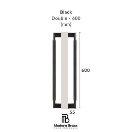 Black double handle with dimensions on a white background, featuring the Modern Brass logo.