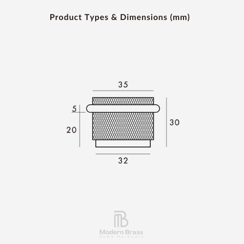 A dimension diagram labeled 'Product Types & Dimensions (mm)' showing a simple product cross-section with measurements 35, 5, 20, 30, and 32, on a light gray background. The Modern Brass Home Hardware logo appears at the bottom.