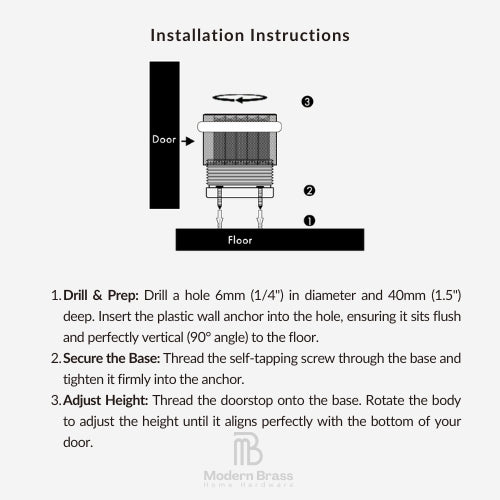 Installation instructions diagram for Modern Brass hardware, showing step-by-step diagrams for double-sided pulls and single-sided pull glass and wooden door installations on a light gray background.