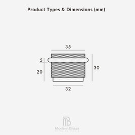 A dimension diagram labeled 'Product Types & Dimensions (mm)' showing a simple product cross-section with measurements 35, 5, 20, 30, and 32, on a light gray background. The Modern Brass Home Hardware logo appears at the bottom.