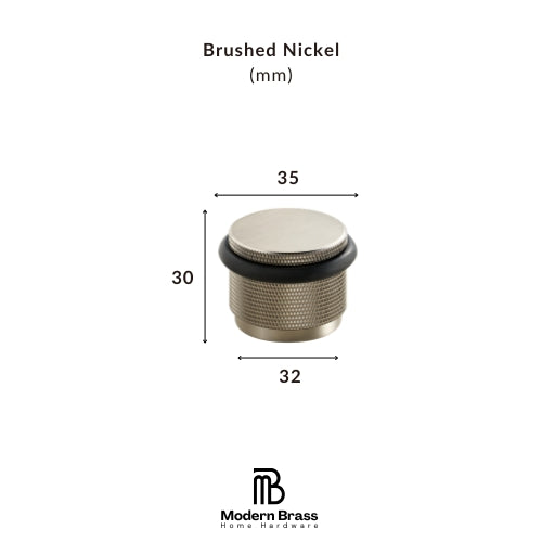 A brushed nickel cylindrical hardware component with dimension labels showing 35 across the top, 30 tall on the left, and 32 across the bottom, on a white background with Modern Brass Home Hardware branding.