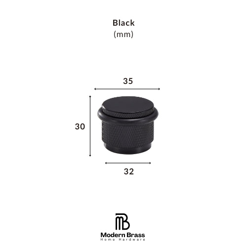 A black cylindrical knob or dial shown on a white background with dimension labels indicating 30 mm height, 35 mm top diameter, and 32 mm base diameter. Text above reads 'Black (mm)' and the Modern Brass Home Hardware logo appears below.