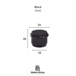 A black cylindrical knob or dial shown on a white background with dimension labels indicating 30 mm height, 35 mm top diameter, and 32 mm base diameter. Text above reads 'Black (mm)' and the Modern Brass Home Hardware logo appears below.