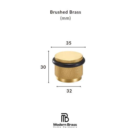 A brushed brass cylindrical hardware component with dimension labels showing 35 mm width, 30 mm height, and 32 mm base diameter, on a white background with Modern Brass branding.