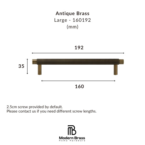 Dimension diagram of a large antique brass drawer pull handle, showing measurements of 192 mm width, 160 mm span, and 35 mm height, with Modern Brass Home Hardware branding.