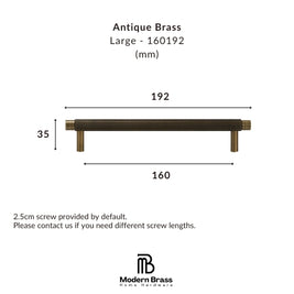 Dimension diagram of a large antique brass drawer pull handle, showing measurements of 192 mm width, 160 mm span, and 35 mm height, with Modern Brass Home Hardware branding.