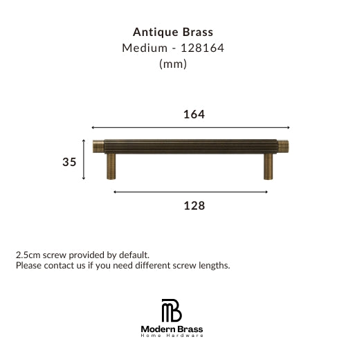 A dimension diagram of an antique brass drawer pull handle, showing measurements of 164 mm length, 128 mm width, and 33 mm height, with text specifying medium size and screw length information. The Modern Brass Home Hardware logo is visible at the bottom.