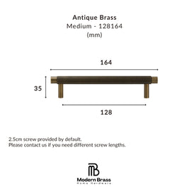 A dimension diagram of an antique brass drawer pull handle, showing measurements of 164 mm length, 128 mm width, and 33 mm height, with text specifying medium size and screw length information. The Modern Brass Home Hardware logo is visible at the bottom.