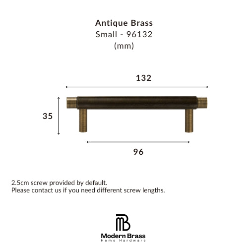 A dimension diagram of a small antique brass cabinet pull handle, showing measurements of 132 mm width, 33 mm height, and 96 mm span, with text reading 'Antique Brass Small - 96132 (mm)' and the Modern Brass Home Hardware logo at the bottom.