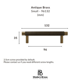 A dimension diagram of a small antique brass cabinet pull handle, showing measurements of 132 mm width, 33 mm height, and 96 mm span, with text reading 'Antique Brass Small - 96132 (mm)' and the Modern Brass Home Hardware logo at the bottom.