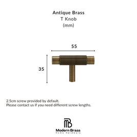 A product information graphic for an Antique Brass T Knob from Modern Brass Home Hardware, showing a brass knob with dimension labels of 80mm width and 33mm height, plus text noting a 2.5cm screw is included by default.