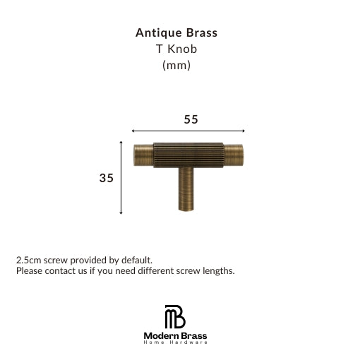A product information graphic for an Antique Brass T Knob from Modern Brass Home Hardware, showing a brass knob with dimension labels of 80mm width and 33mm height, plus text noting a 2.5cm screw is included by default.