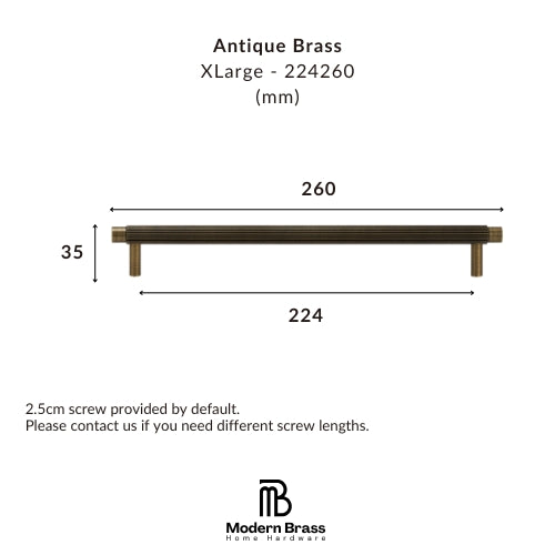 Dimension diagram of an Antique Brass XLarge pull handle, showing measurements of 260mm length, 224mm span, and 35mm height, with the Modern Brass Home Hardware logo at the bottom.