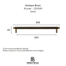 Dimension diagram of an Antique Brass XLarge pull handle, showing measurements of 260mm length, 224mm span, and 35mm height, with the Modern Brass Home Hardware logo at the bottom.