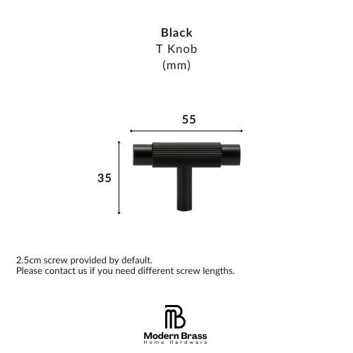 Black T-shaped cabinet knob with dimension markings showing a width of 55mm and height of 35mm, on a white background with Modern Brass Home Hardware branding.
