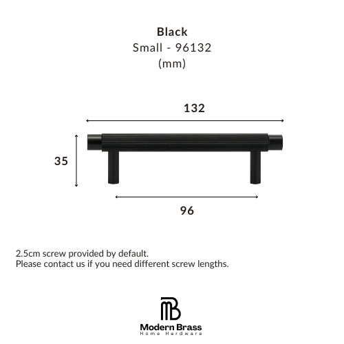 Technical dimension diagram of a small black metal pull handle, labeled with measurements 132, 33, and 96, with text reading 'Black Small - 96132 (mm)' and the Modern Brass Home Hardware logo at the bottom.