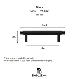 Technical dimension diagram of a small black metal pull handle, labeled with measurements 132, 33, and 96, with text reading 'Black Small - 96132 (mm)' and the Modern Brass Home Hardware logo at the bottom.