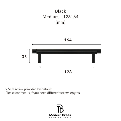 Technical dimension diagram of a black metal bar pull handle, showing measurements of 164 mm width, 128 mm span, and 33 mm height, with text indicating it is medium size in black and includes the Modern Brass Home Hardware logo.