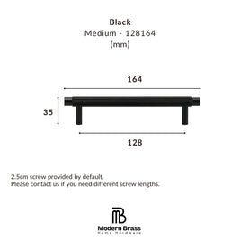Technical dimension diagram of a black metal bar pull handle, showing measurements of 164 mm width, 128 mm span, and 33 mm height, with text indicating it is medium size in black and includes the Modern Brass Home Hardware logo.
