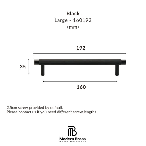 Black large cabinet pull handle with dimension markings showing width 192mm, height 35mm, and base width 160mm, plus Modern Brass Home Hardware branding.