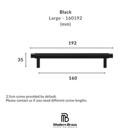 Black large cabinet pull handle with dimension markings showing width 192mm, height 35mm, and base width 160mm, plus Modern Brass Home Hardware branding.