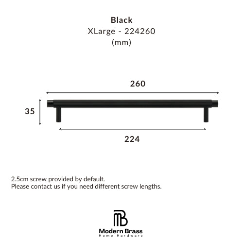 Technical dimension diagram of a black XLarge cabinet pull handle by Modern Brass Home Hardware, showing measurements of 260 mm length, 224 mm width, and 35 mm height.