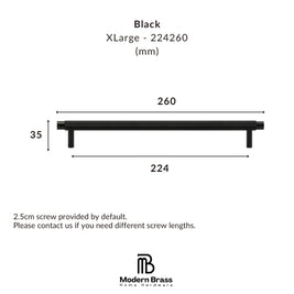 Technical dimension diagram of a black XLarge cabinet pull handle by Modern Brass Home Hardware, showing measurements of 260 mm length, 224 mm width, and 35 mm height.