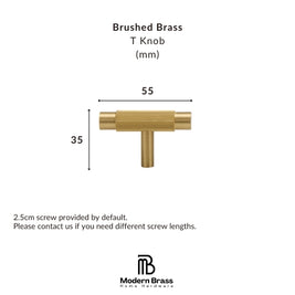 A brass T-shaped knob shown with dimension labels indicating 55 mm width and 35 mm height, plus text noting a 2.5 cm screw is included by default.