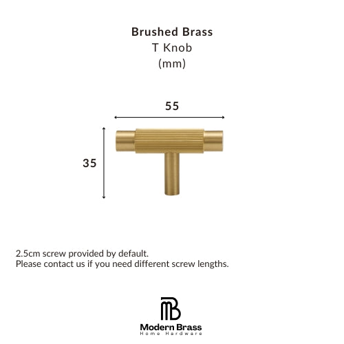 A brass T-shaped knob shown with dimension labels indicating 55 mm width and 35 mm height, plus text noting a 2.5 cm screw is included by default.