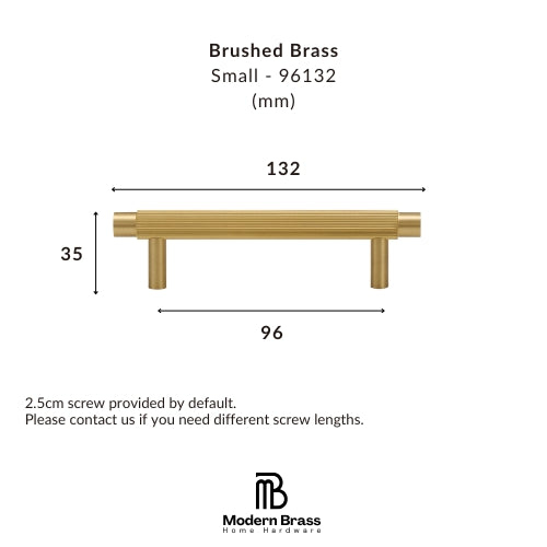 A dimension diagram of a small brushed brass drawer pull handle, showing measurements of 132 mm width, 33 mm height, and 96 mm depth, with the Modern Brass Home Hardware logo at the bottom.