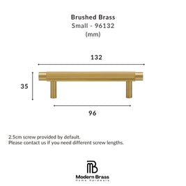 A dimension diagram of a small brushed brass drawer pull handle, showing measurements of 132 mm width, 33 mm height, and 96 mm depth, with the Modern Brass Home Hardware logo at the bottom.