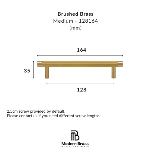 Technical dimension diagram of a brushed brass drawer pull handle, showing a medium-length brass bar with a width of 164mm, height of 33mm, and depth of 128mm, with text specifying 'Brushed Brass' and 'Medium - 128164 (mm)'.