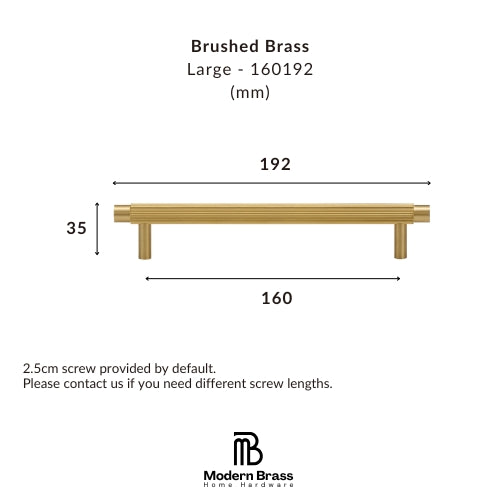 A dimension diagram of a large brushed brass cabinet bar pull on a white background, showing measurements of 192 mm width, 160 mm span, and 34 mm height, with the Modern Brass Home Hardware logo at the bottom.