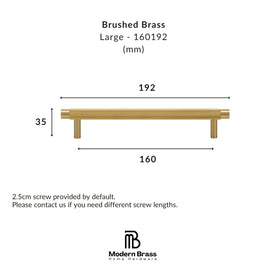 A dimension diagram of a large brushed brass cabinet bar pull on a white background, showing measurements of 192 mm width, 160 mm span, and 34 mm height, with the Modern Brass Home Hardware logo at the bottom.